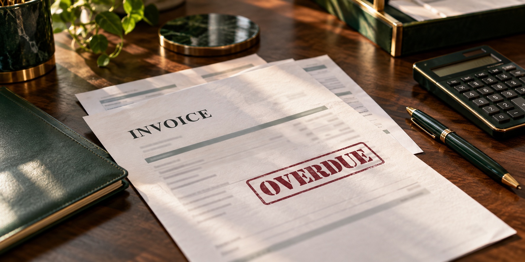 An unpaid invoice marked overdue alongside account records and a calculator