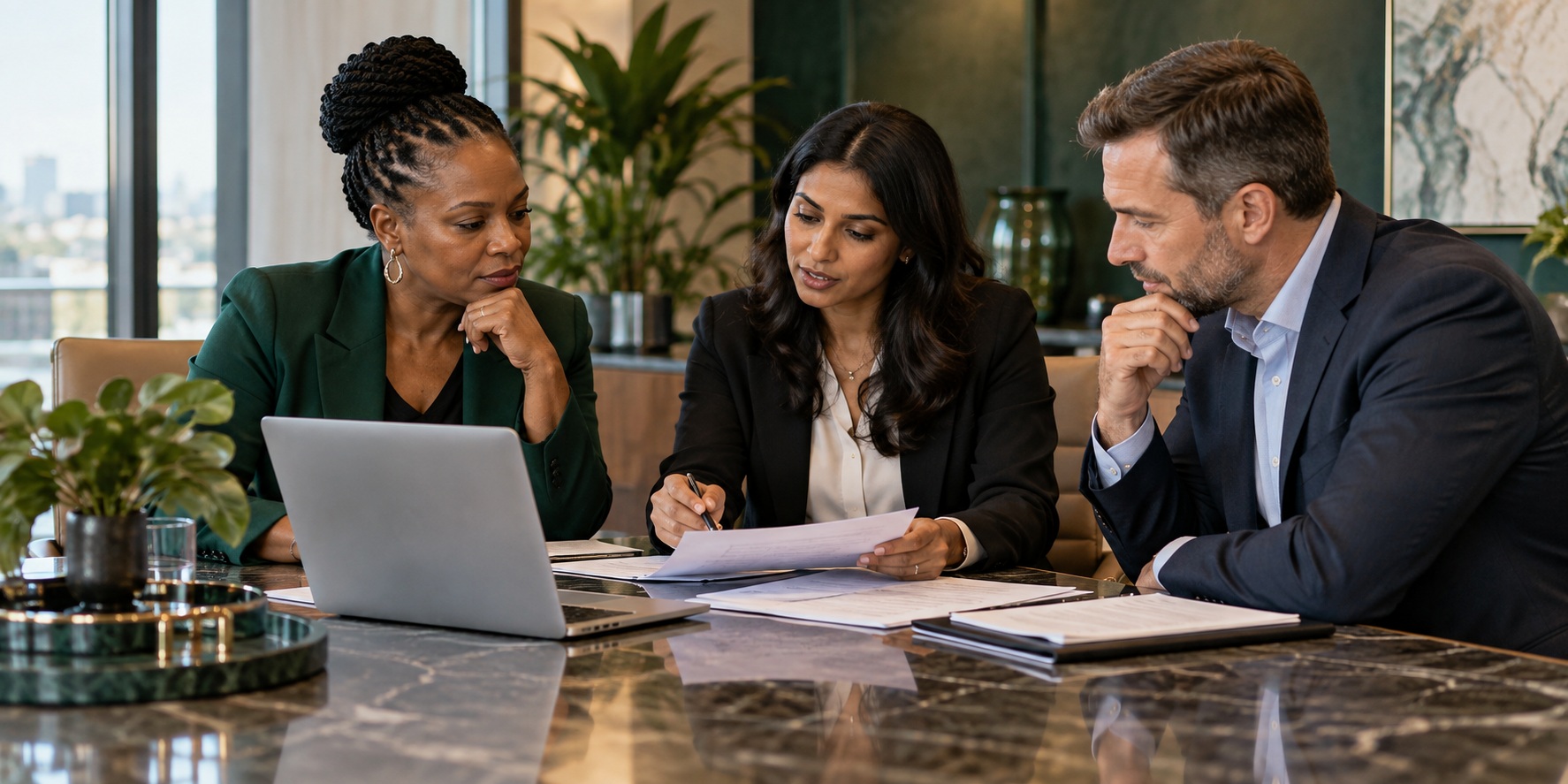 Illustrative professional workplace meeting reviewing employment documents